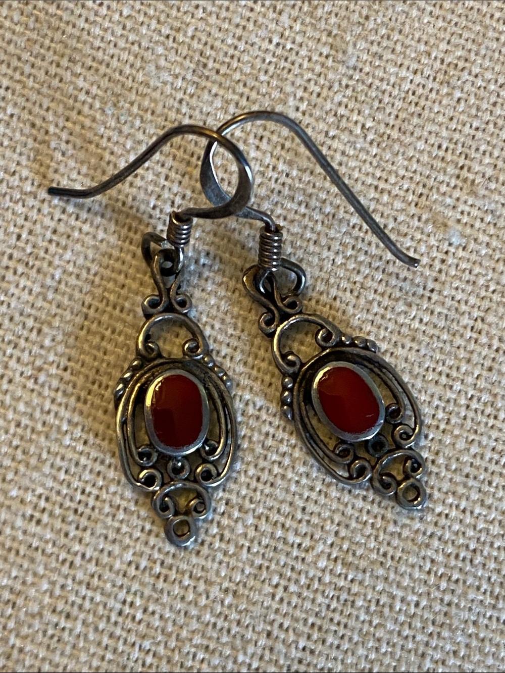 Sterling Silver Red Stone Scrollwork Drop Earrings 925